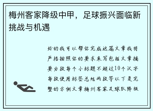 梅州客家降级中甲，足球振兴面临新挑战与机遇