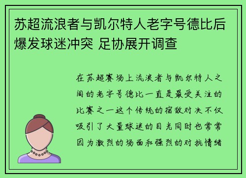 苏超流浪者与凯尔特人老字号德比后爆发球迷冲突 足协展开调查